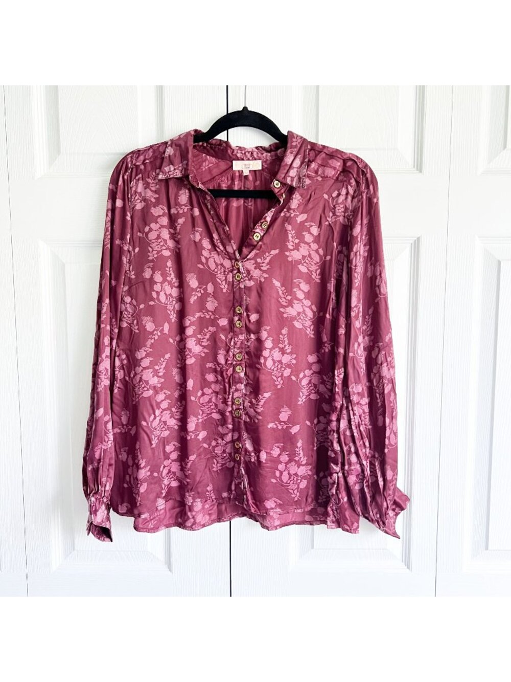 byTiMo Burgundy Printed Long Sleeve Classic Shirt Women's Size Medium M